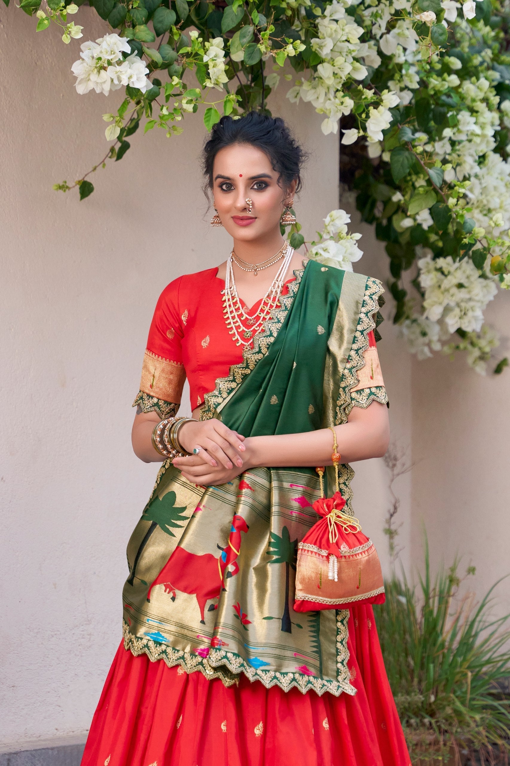 Red Paithani Jacquard Silk Lehenga Set with Zari Weaving, Embroidery & Scallop