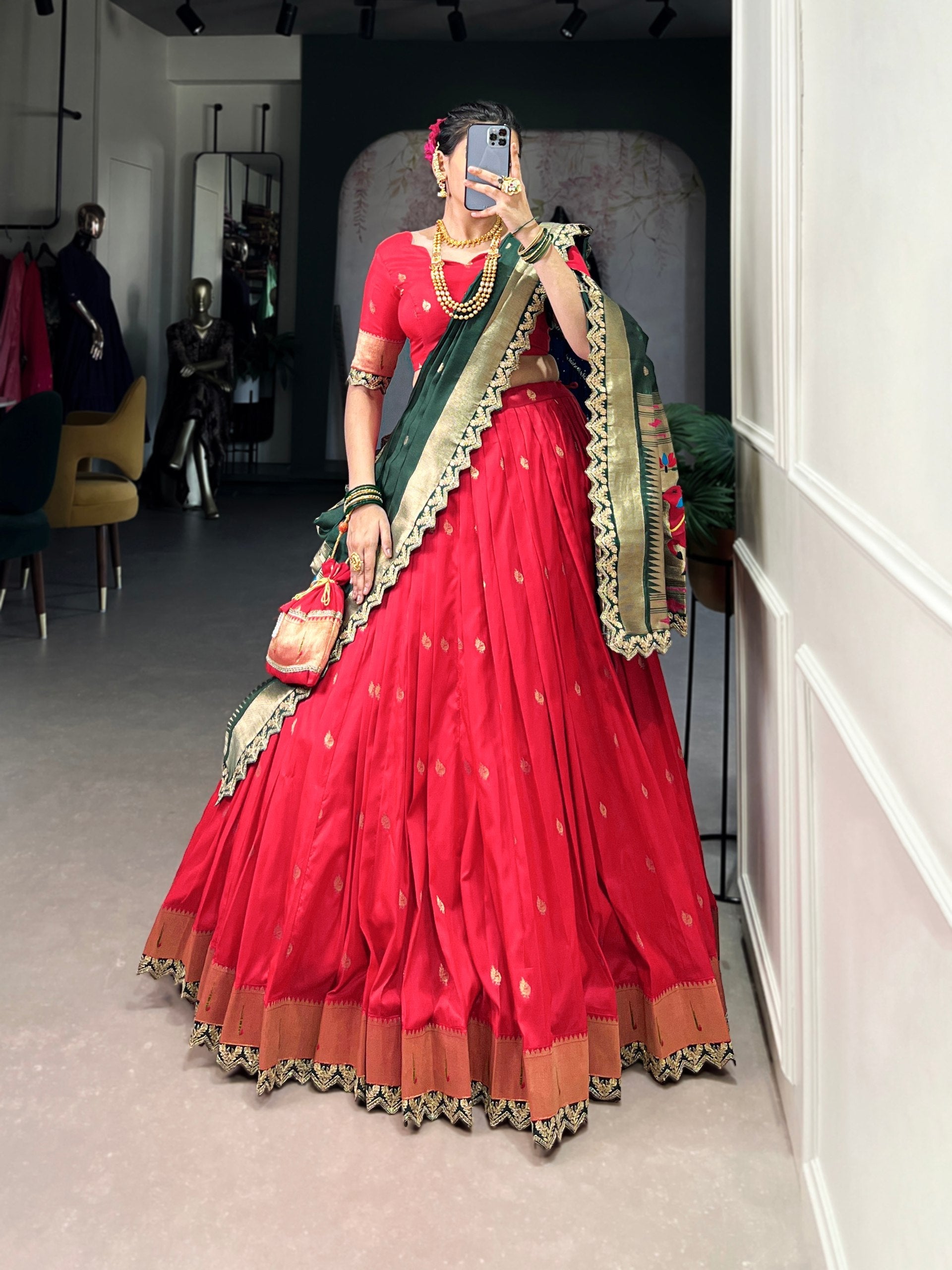 Red Paithani Jacquard Silk Lehenga Set with Zari Weaving, Embroidery & Scallop