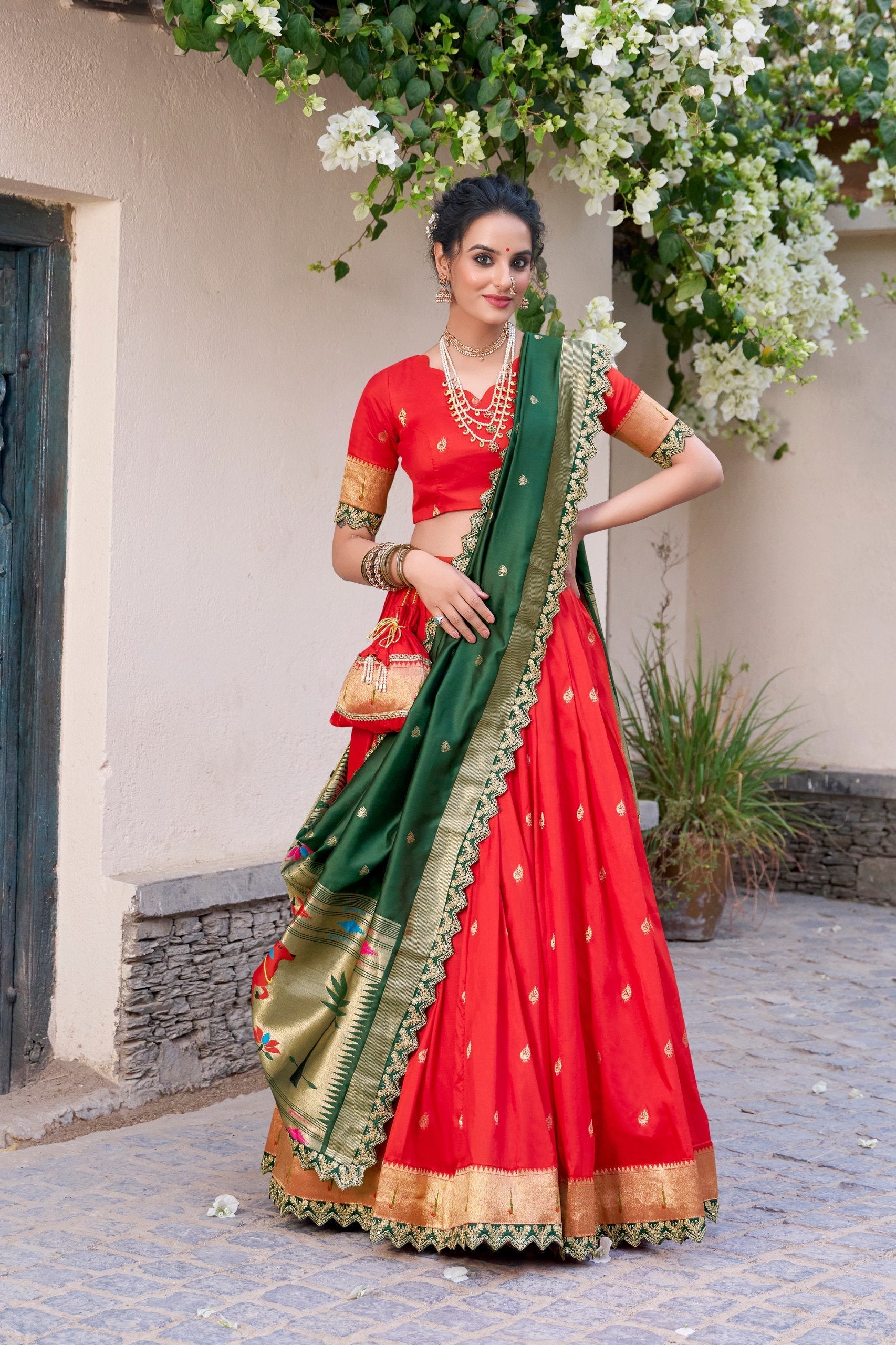 Red Paithani Jacquard Silk Lehenga Set with Zari Weaving, Embroidery & Scallop