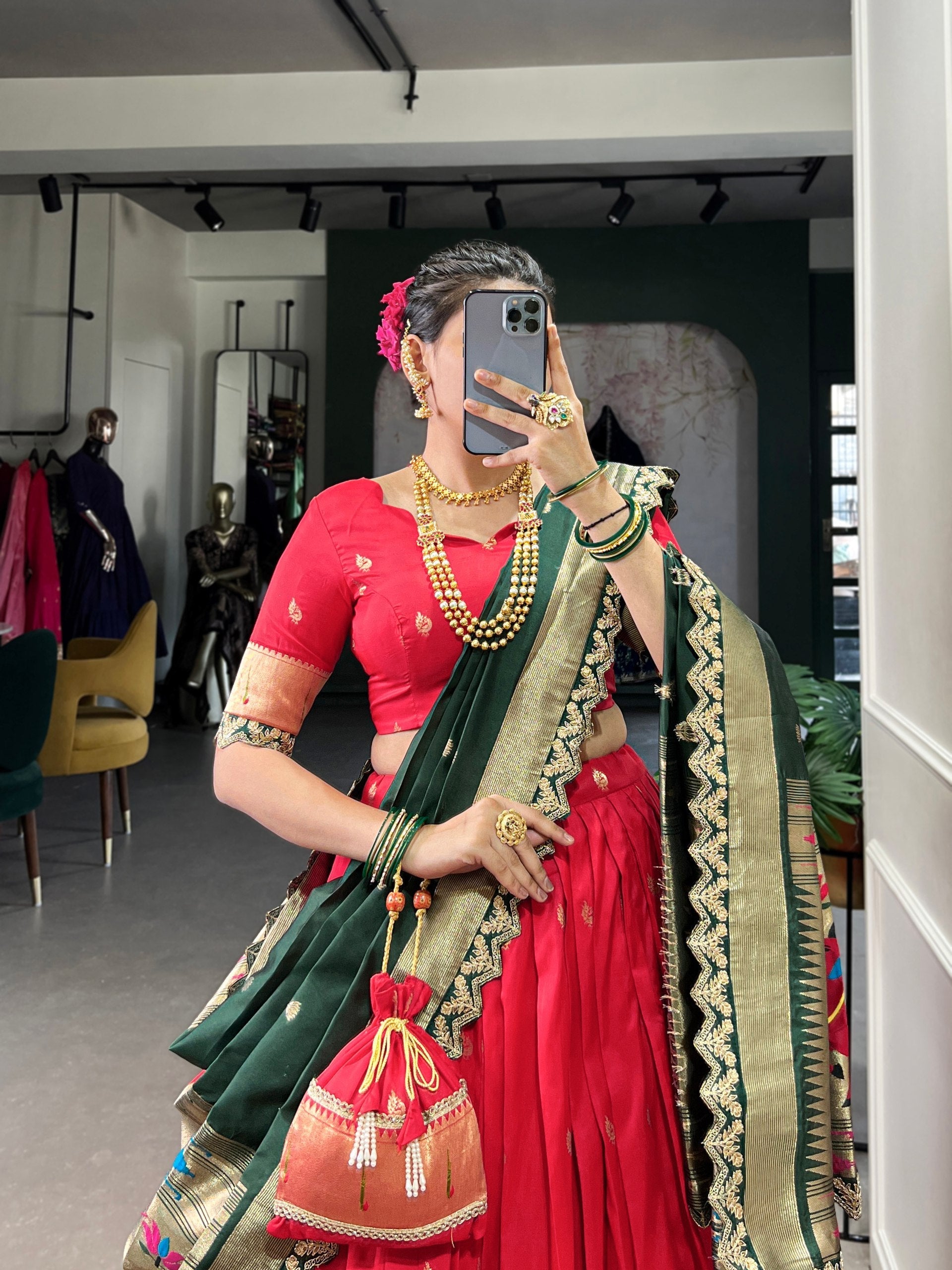 Red Paithani Jacquard Silk Lehenga Set with Zari Weaving, Embroidery & Scallop