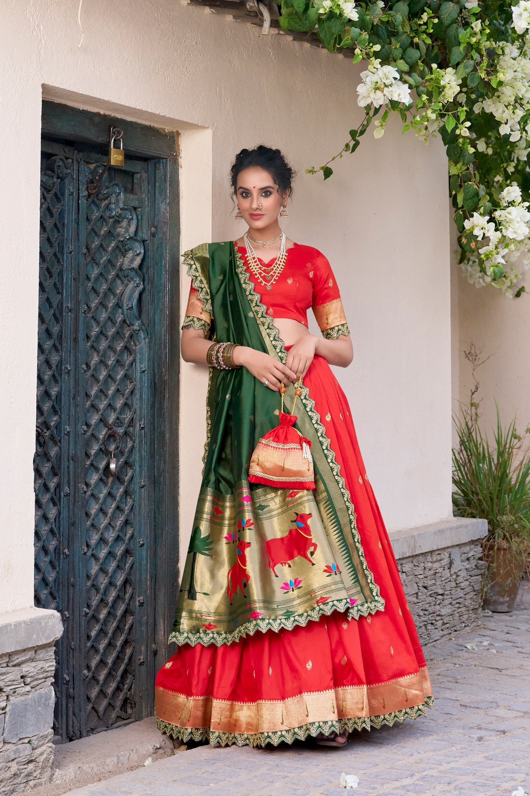 Red Paithani Jacquard Silk Lehenga Set with Zari Weaving, Embroidery & Scallop