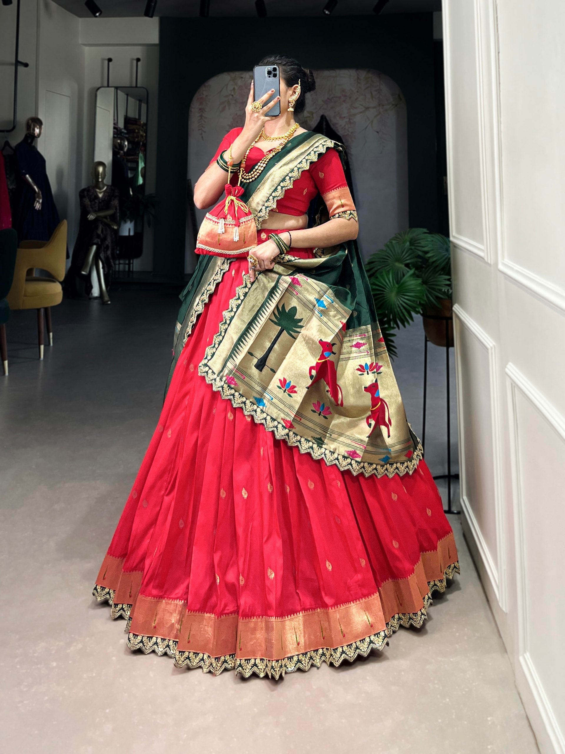 Red Paithani Jacquard Silk Lehenga Set with Zari Weaving, Embroidery & Scallop