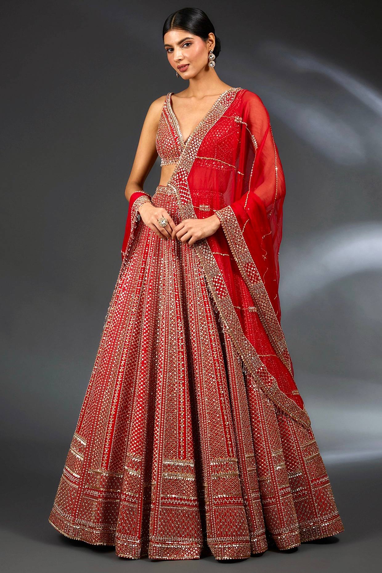 Red Premium Malai Satin Lehenga Choli Set with Heavy Sequins & Dori Embroidery, Unstitched Blouse with Sleeve Work & Net Dupatta – Festive & Wedding Wear