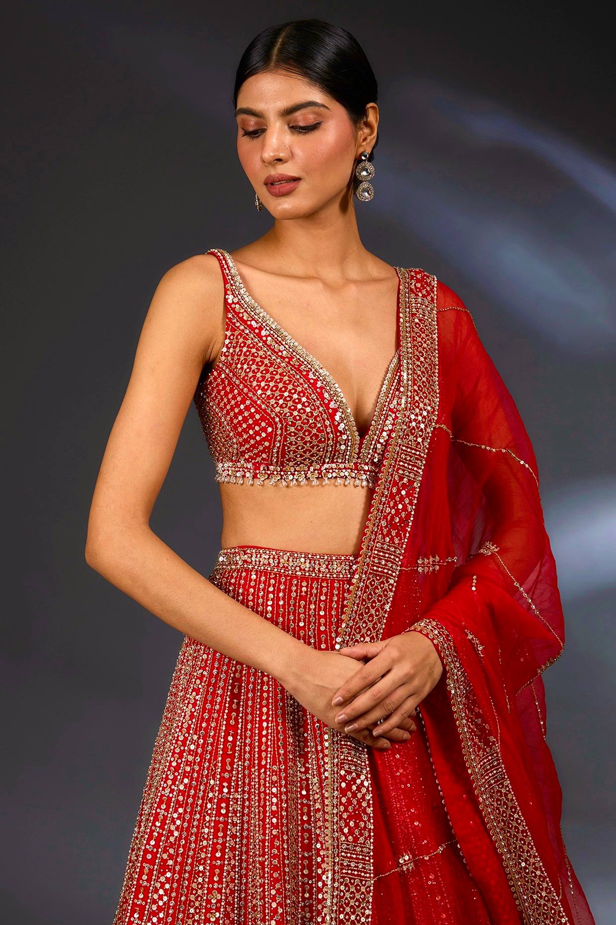 Red Premium Malai Satin Lehenga Choli Set with Heavy Sequins & Dori Embroidery, Unstitched Blouse with Sleeve Work & Net Dupatta – Festive & Wedding Wear