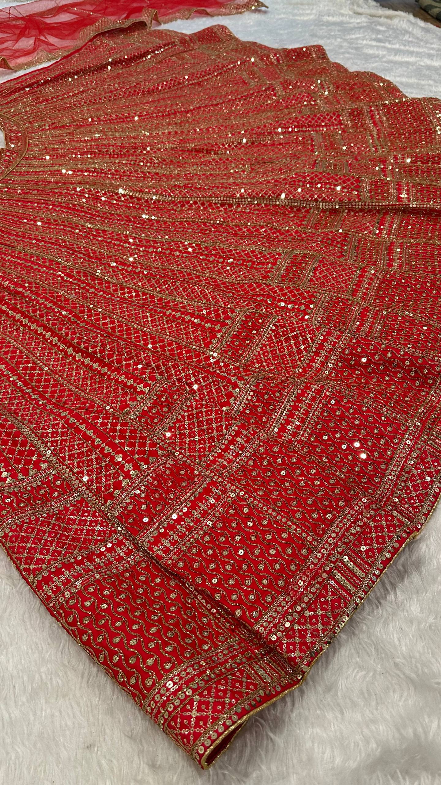 Red Premium Malai Satin Lehenga Choli Set with Heavy Sequins & Dori Embroidery, Unstitched Blouse with Sleeve Work & Net Dupatta – Festive & Wedding Wear