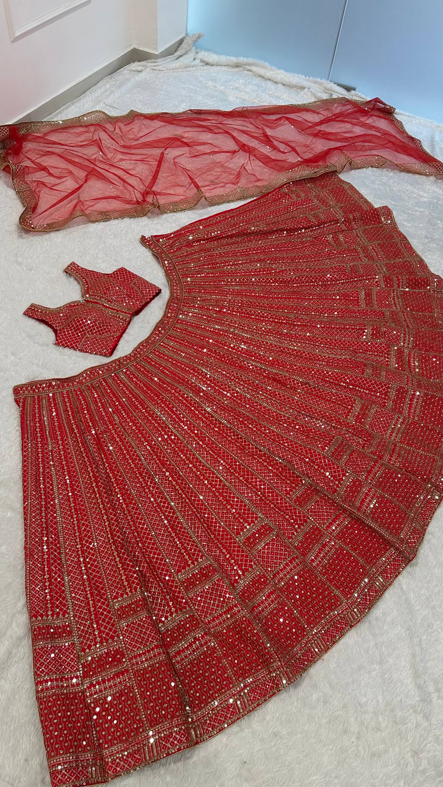 Red Premium Malai Satin Lehenga Choli Set with Heavy Sequins & Dori Embroidery, Unstitched Blouse with Sleeve Work & Net Dupatta – Festive & Wedding Wear