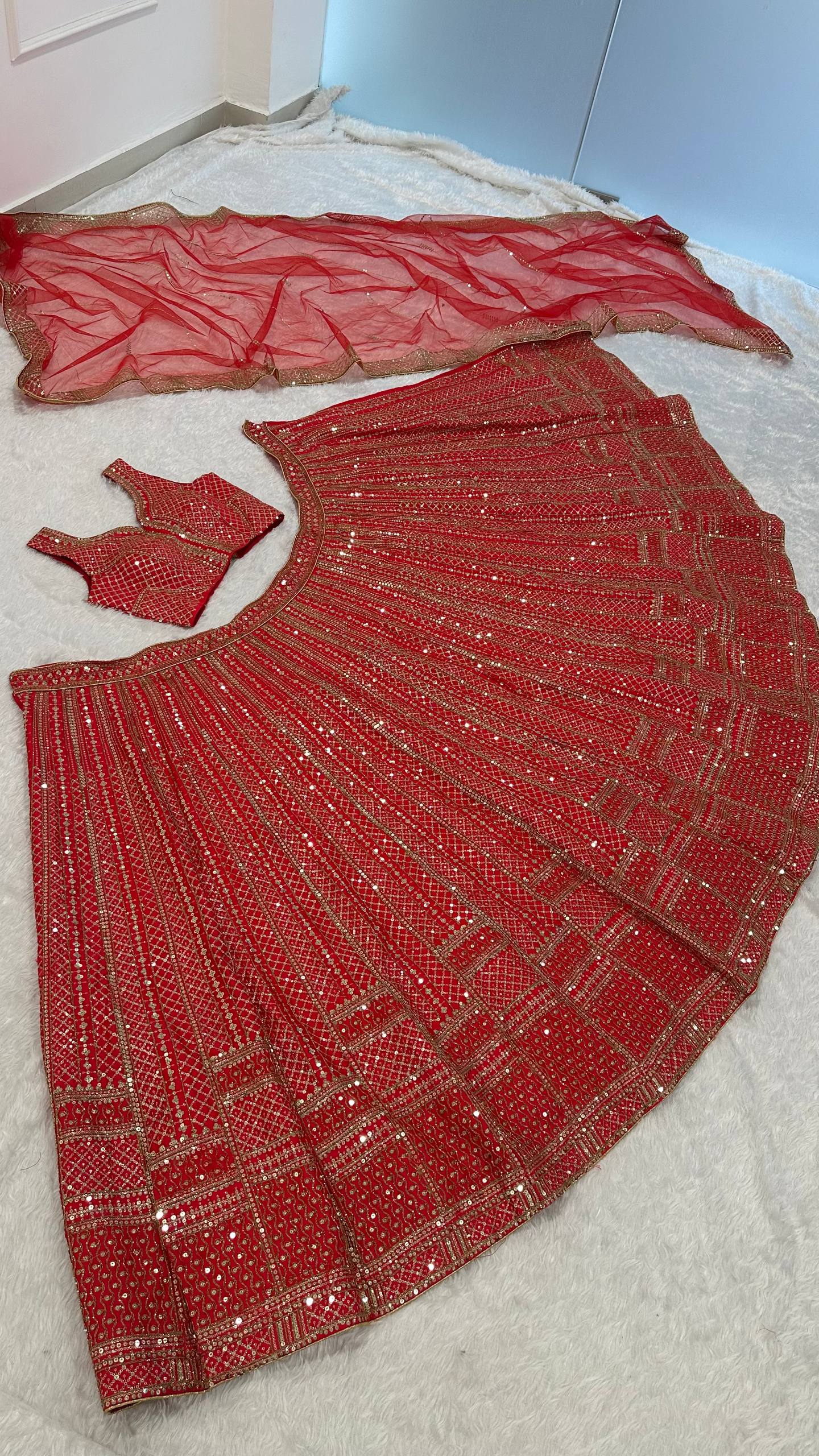 Red Premium Malai Satin Lehenga Choli Set with Heavy Sequins & Dori Embroidery, Unstitched Blouse with Sleeve Work & Net Dupatta – Festive & Wedding Wear