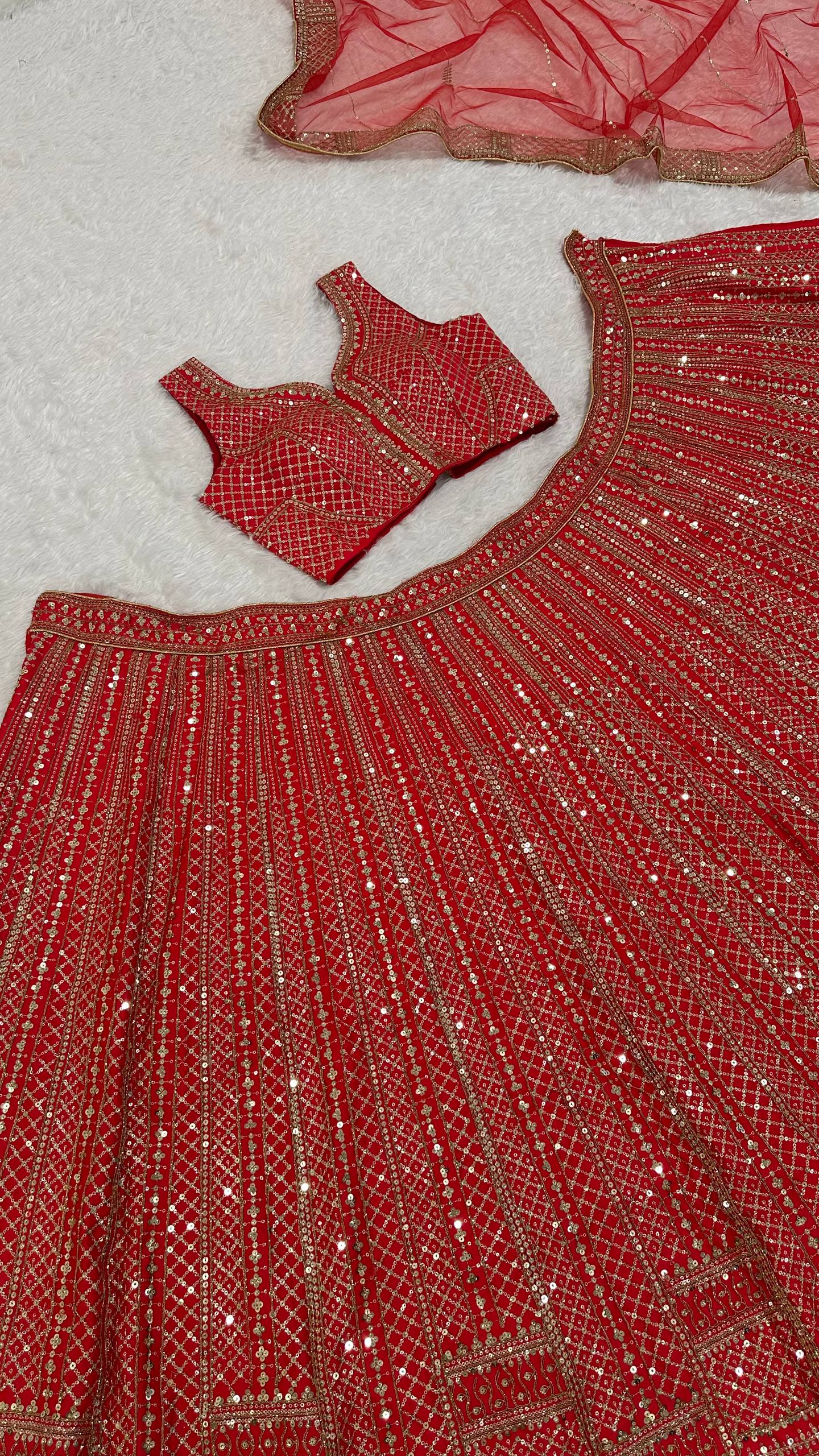 Red Premium Malai Satin Lehenga Choli Set with Heavy Sequins & Dori Embroidery, Unstitched Blouse with Sleeve Work & Net Dupatta – Festive & Wedding Wear
