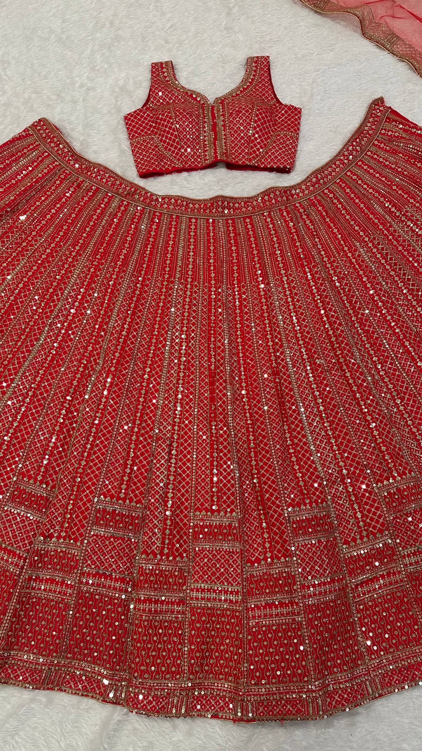 Red Premium Malai Satin Lehenga Choli Set with Heavy Sequins & Dori Embroidery, Unstitched Blouse with Sleeve Work & Net Dupatta – Festive & Wedding Wear