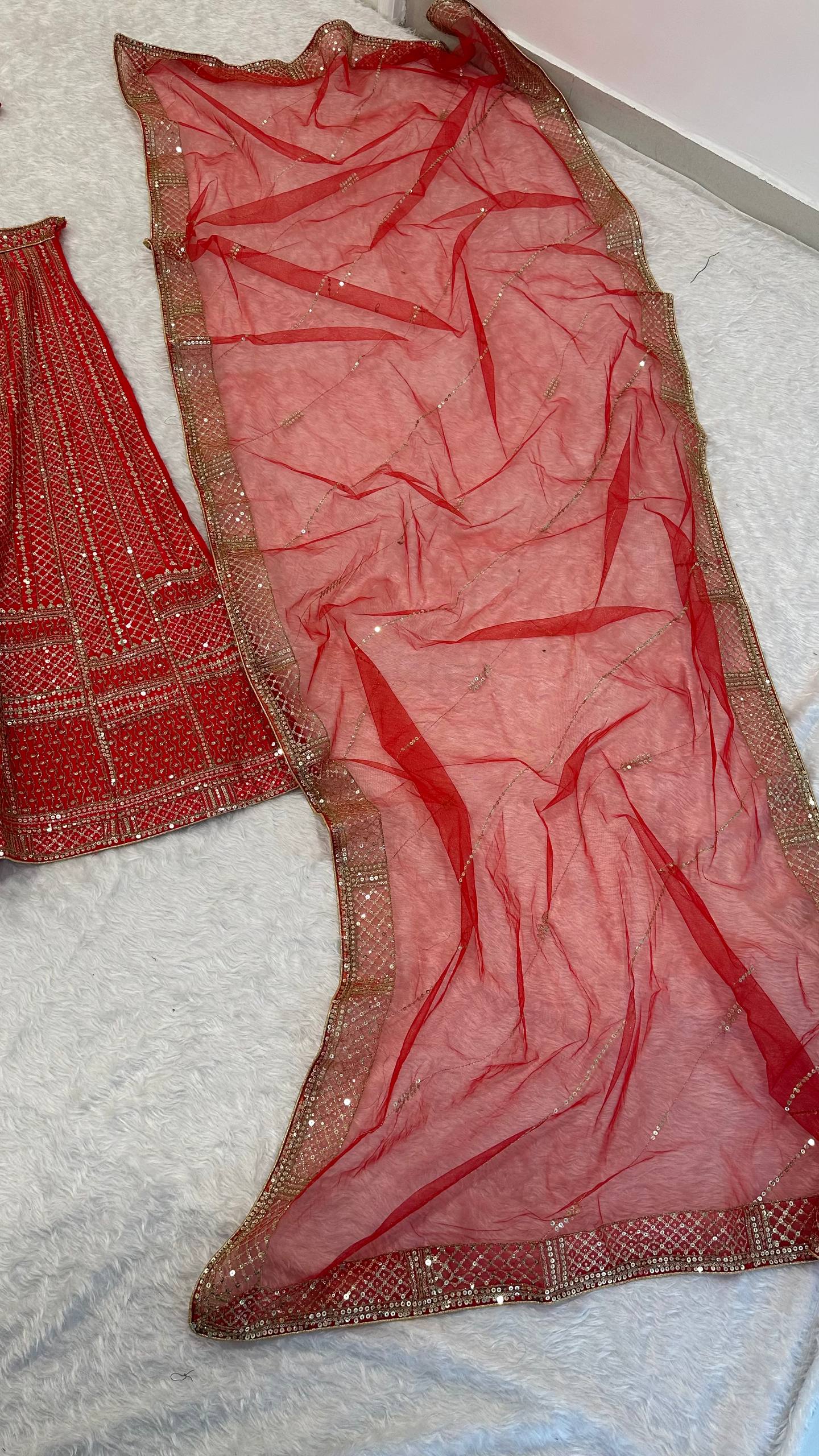 Red Premium Malai Satin Lehenga Choli Set with Heavy Sequins & Dori Embroidery, Unstitched Blouse with Sleeve Work & Net Dupatta – Festive & Wedding Wear