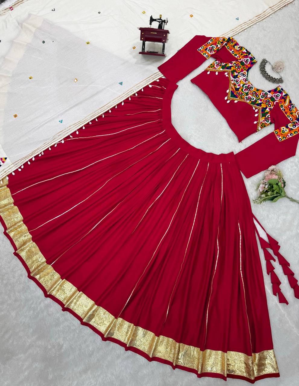 Red Premium Reyon Silk Semi-Stitched Lehenga Set with Real Mirror & Kodi Lace Work