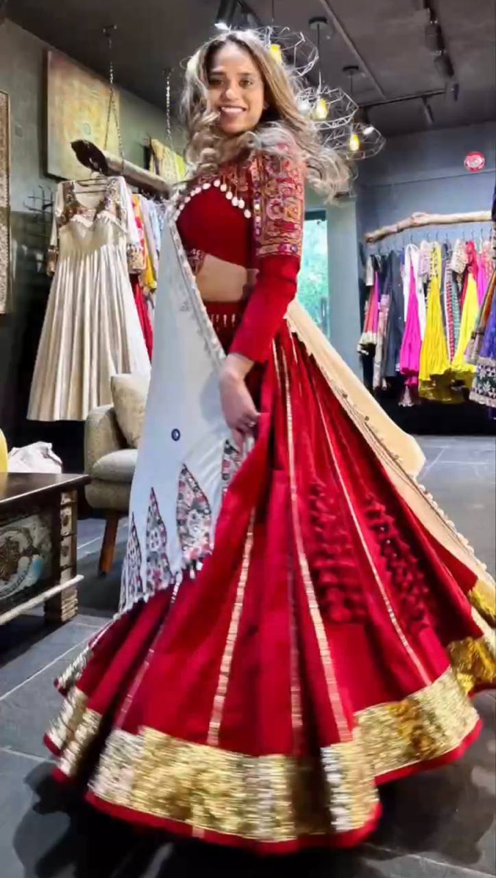Red Premium Reyon Silk Semi-Stitched Lehenga Set with Real Mirror & Kodi Lace Work