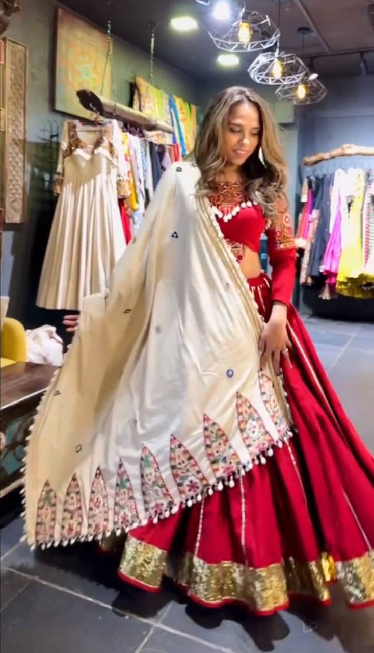 Red Premium Reyon Silk Semi-Stitched Lehenga Set with Real Mirror & Kodi Lace Work
