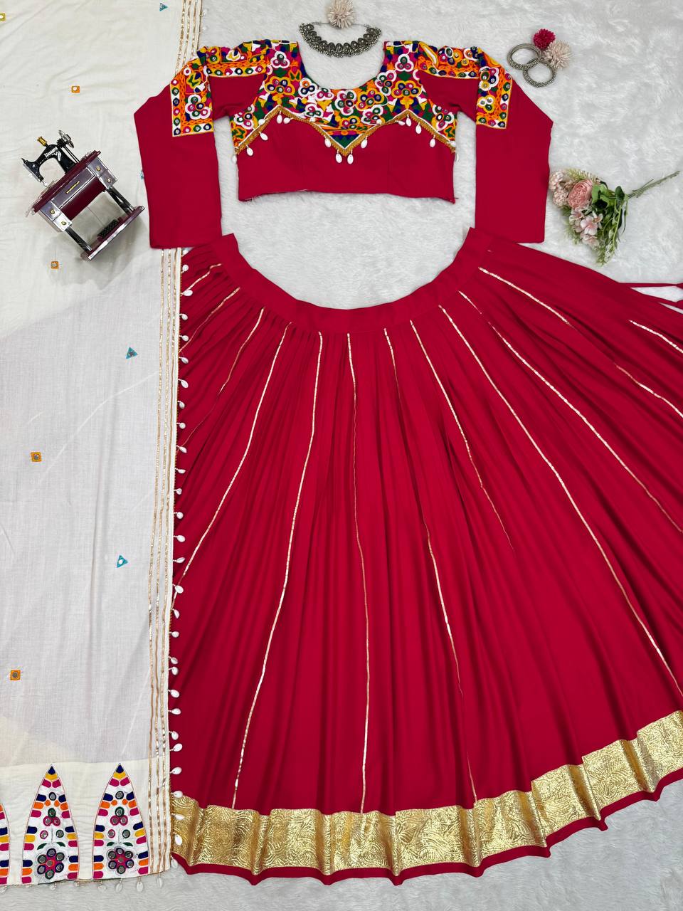 Red Premium Reyon Silk Semi-Stitched Lehenga Set with Real Mirror & Kodi Lace Work