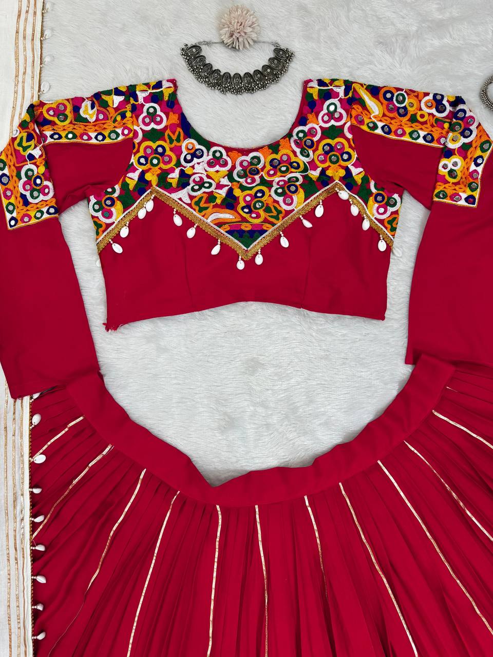 Red Premium Reyon Silk Semi-Stitched Lehenga Set with Real Mirror & Kodi Lace Work