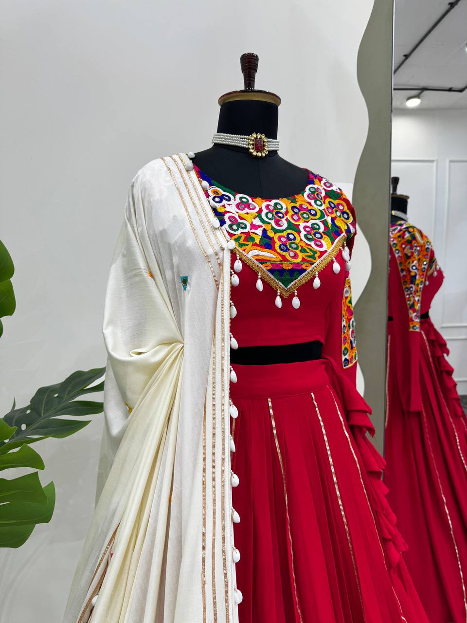 Red Premium Reyon Silk Semi-Stitched Lehenga Set with Real Mirror & Kodi Lace Work