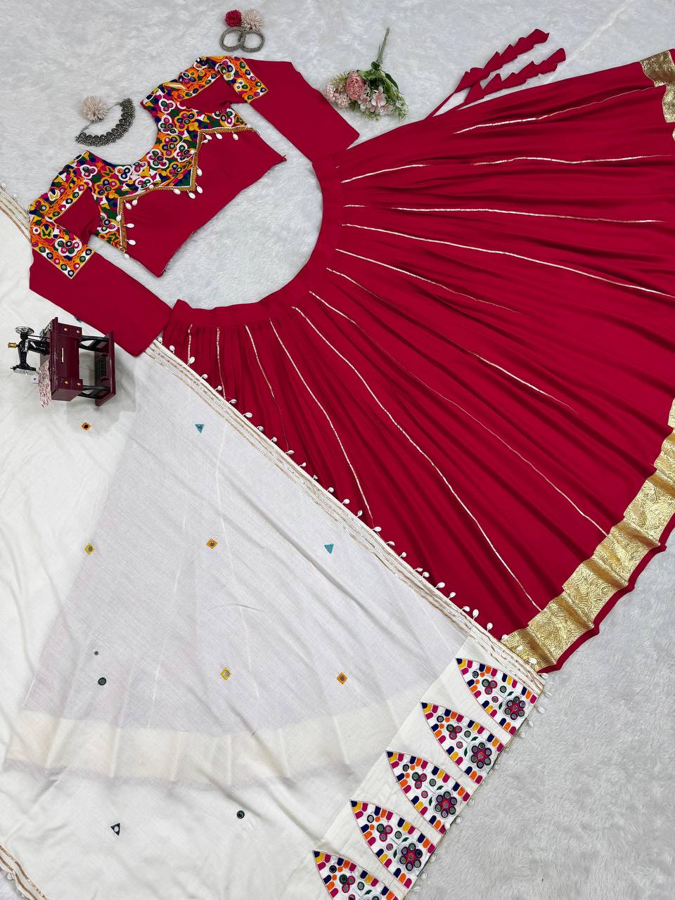 Red Premium Reyon Silk Semi-Stitched Lehenga Set with Real Mirror & Kodi Lace Work