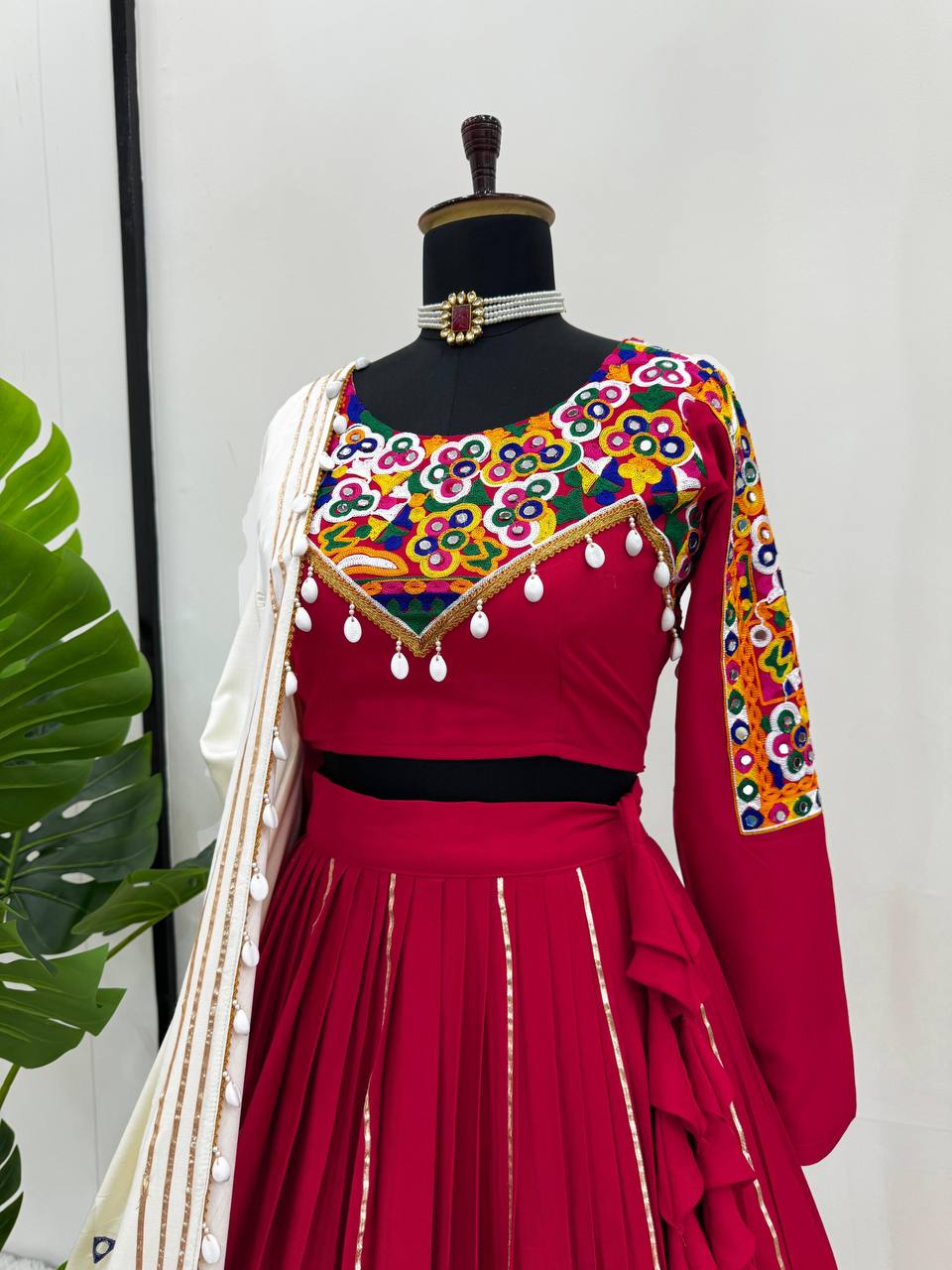 Red Premium Reyon Silk Semi-Stitched Lehenga Set with Real Mirror & Kodi Lace Work
