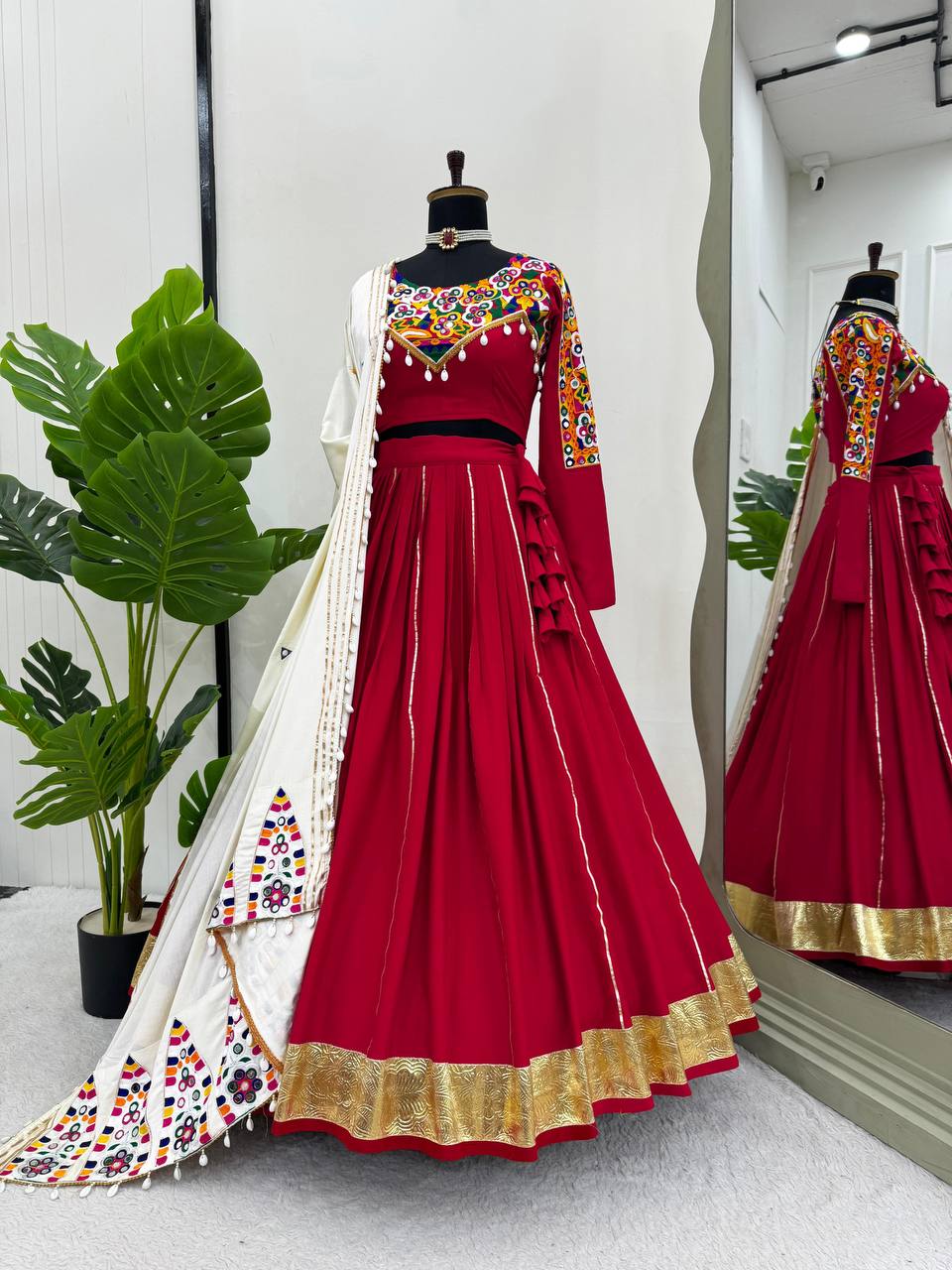 Red Premium Reyon Silk Semi-Stitched Lehenga Set with Real Mirror & Kodi Lace Work