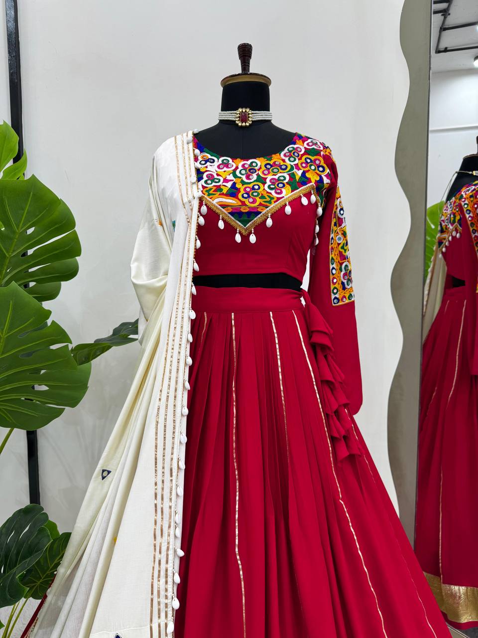 Red Premium Reyon Silk Semi-Stitched Lehenga Set with Real Mirror & Kodi Lace Work
