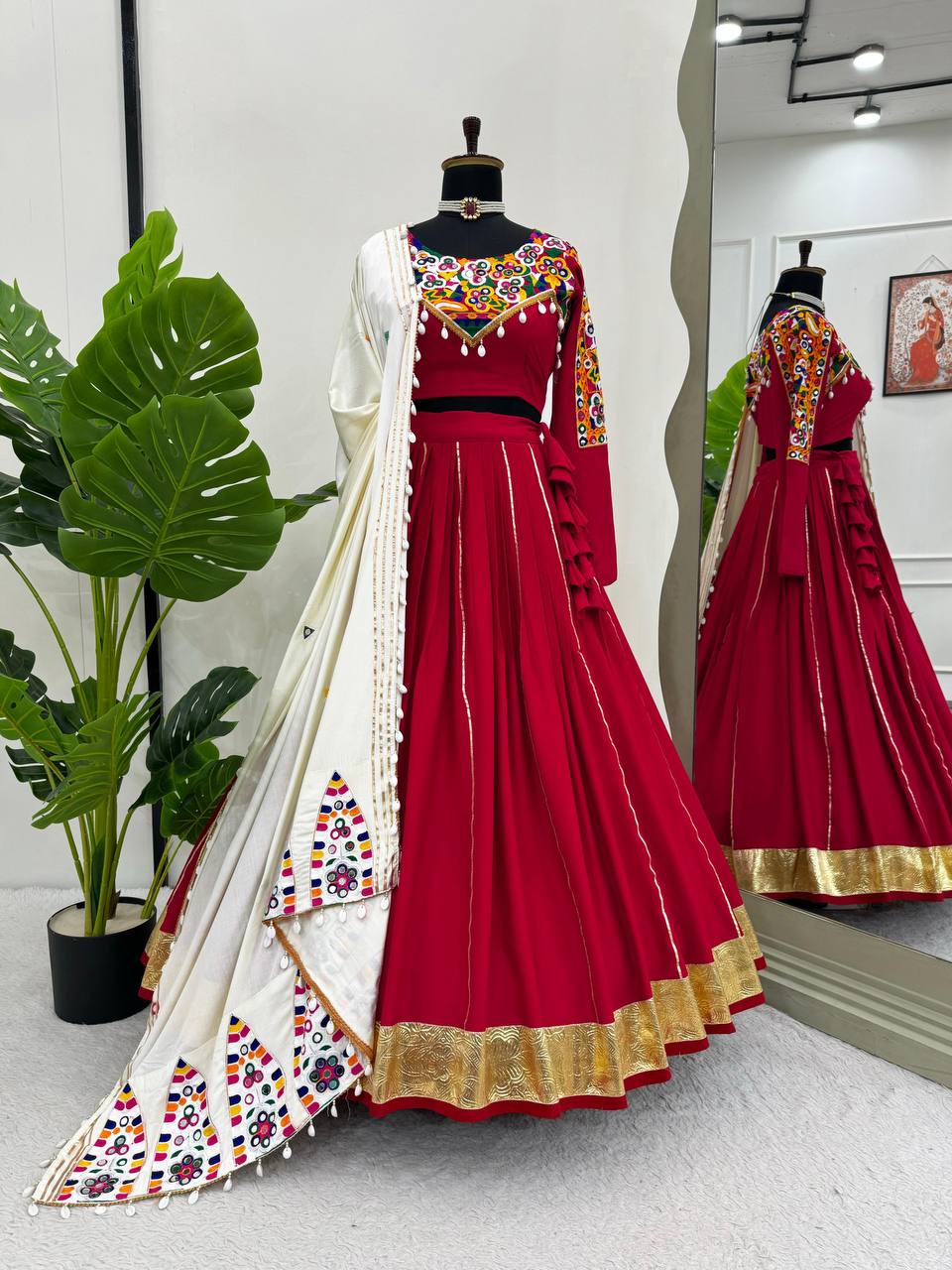 Red Premium Reyon Silk Semi-Stitched Lehenga Set with Real Mirror & Kodi Lace Work