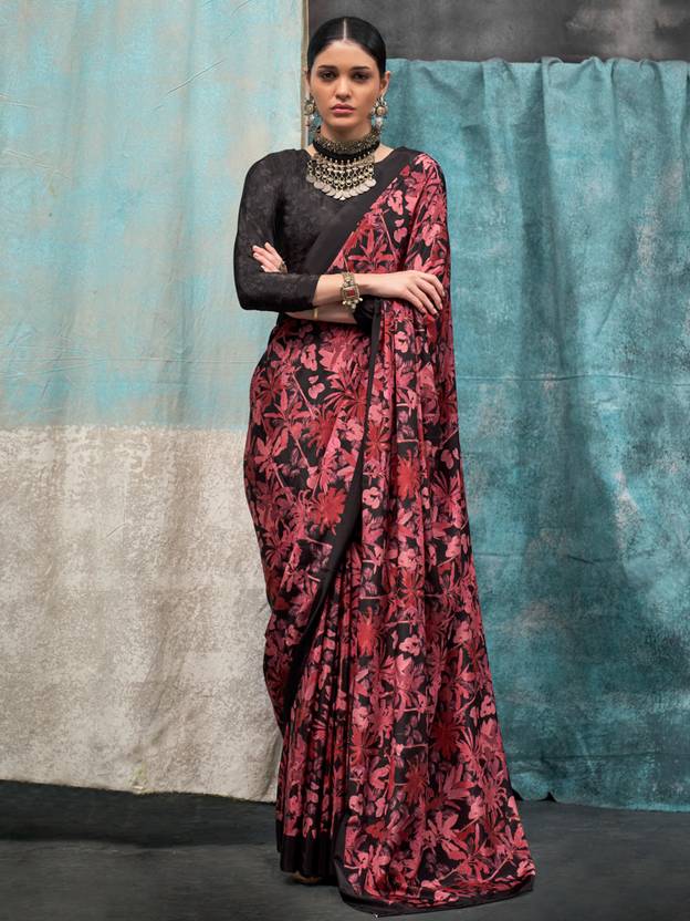 Red Printed Chanderi Crepe Saree with Unstitched Blouse