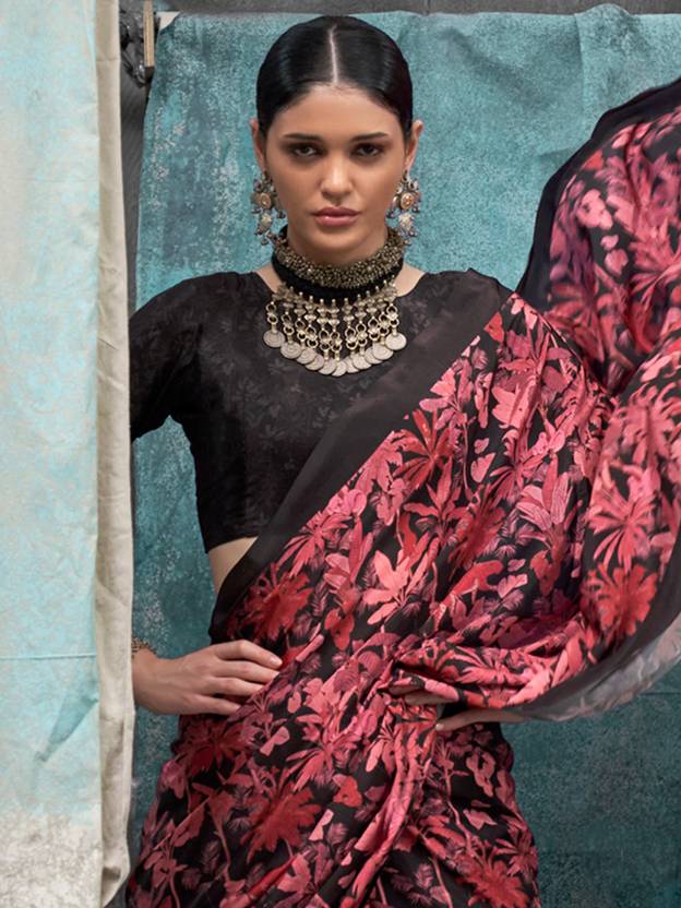 Red Printed Chanderi Crepe Saree with Unstitched Blouse