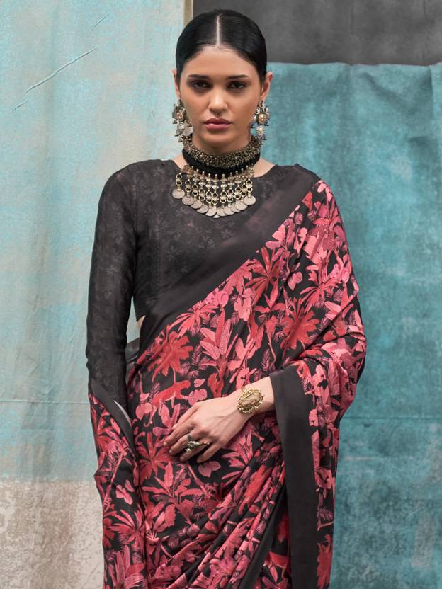 Red Printed Chanderi Crepe Saree with Unstitched Blouse