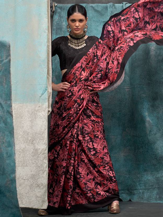 Red Printed Chanderi Crepe Saree with Unstitched Blouse