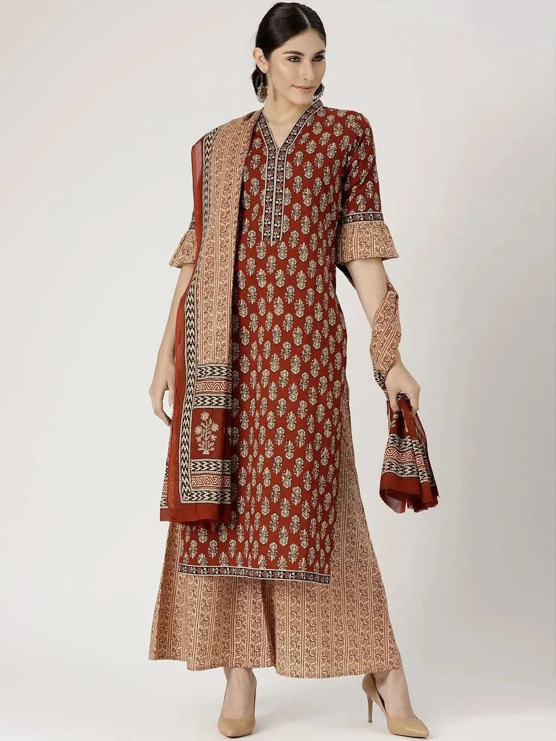 Anouk Red Printed Cotton Straight Kurta With Palazzos & Dupatta