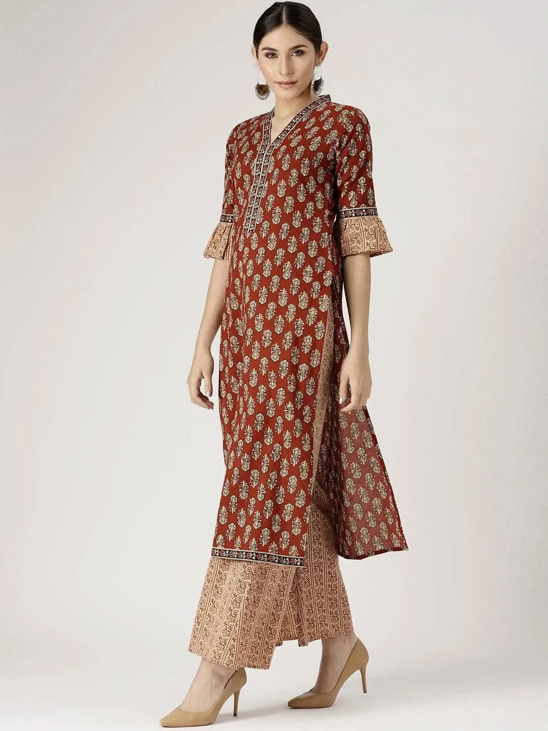 Anouk Red Printed Cotton Straight Kurta With Palazzos & Dupatta
