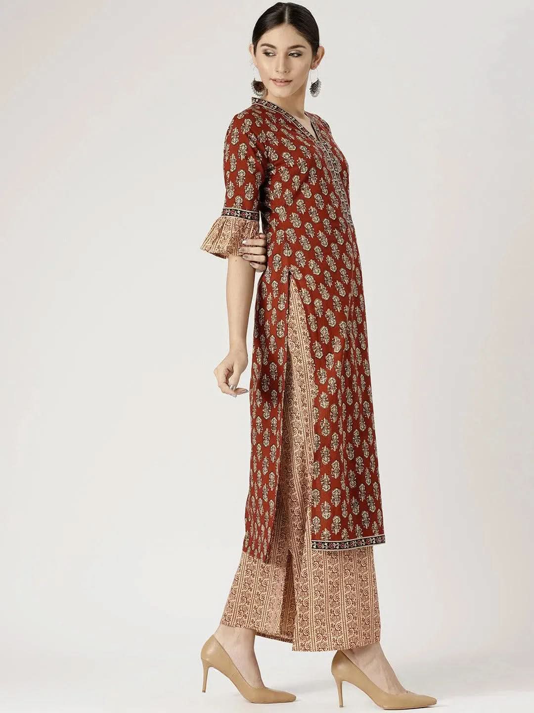 Anouk Red Printed Cotton Straight Kurta With Palazzos & Dupatta