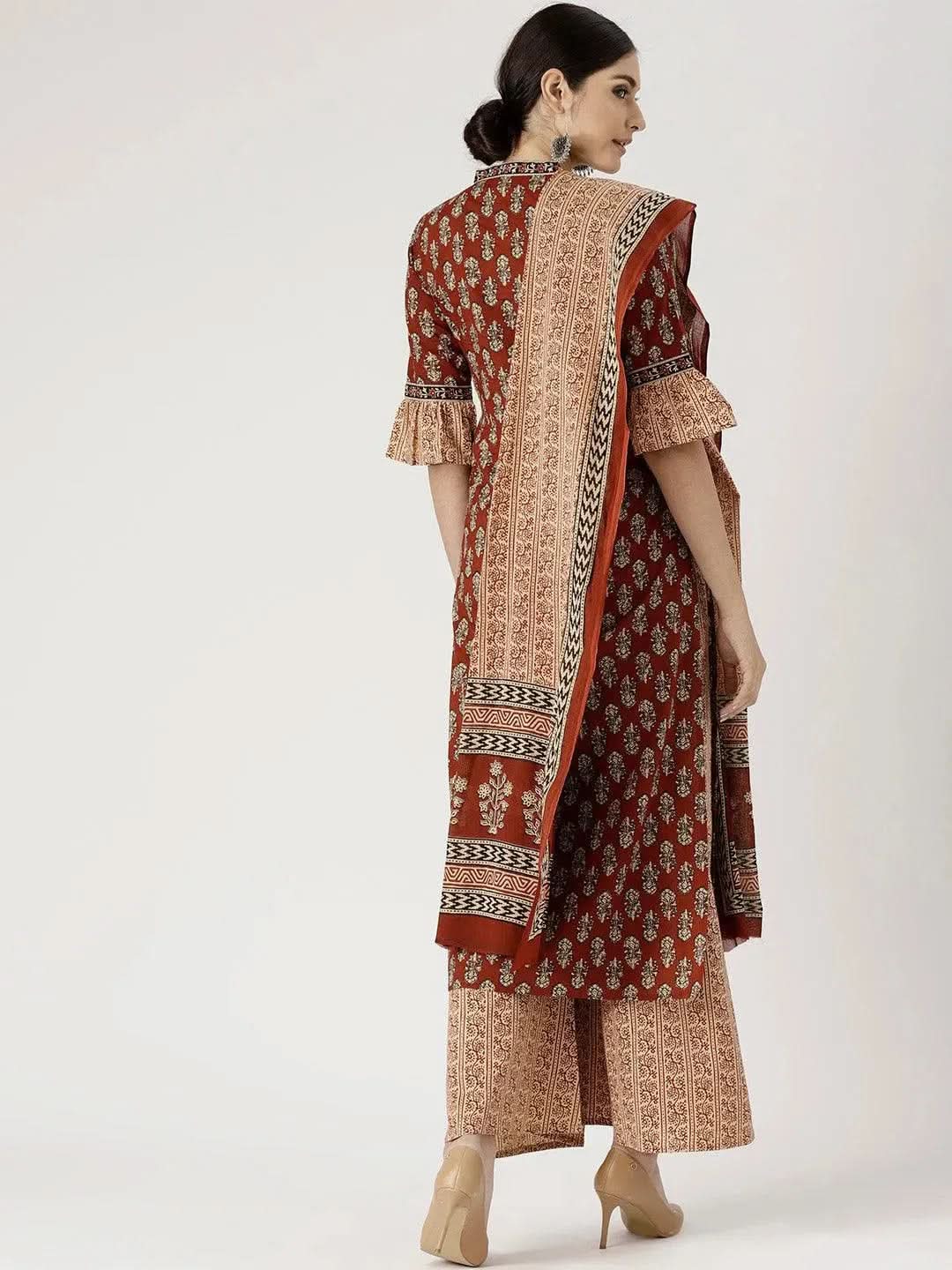 Anouk Red Printed Cotton Straight Kurta With Palazzos & Dupatta