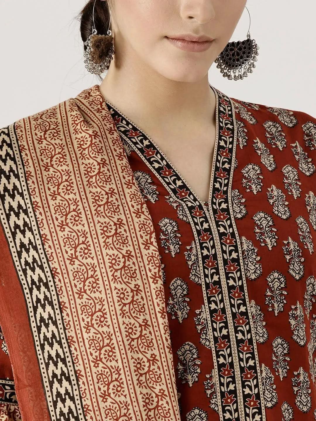 Anouk Red Printed Cotton Straight Kurta With Palazzos & Dupatta