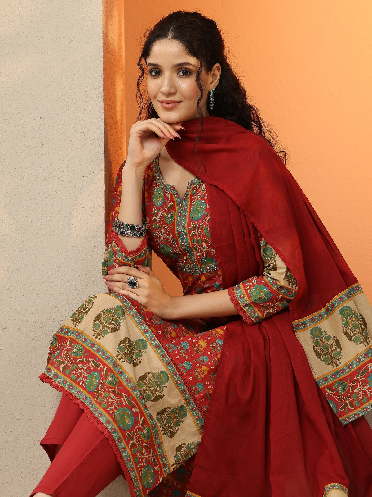 Anouk Red Printed Cotton Straight Suit Set With Dupatta