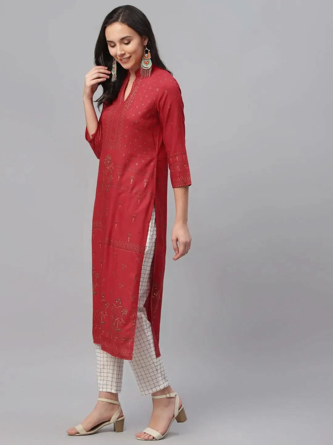 Anouk Red Printed Rayon Kurta