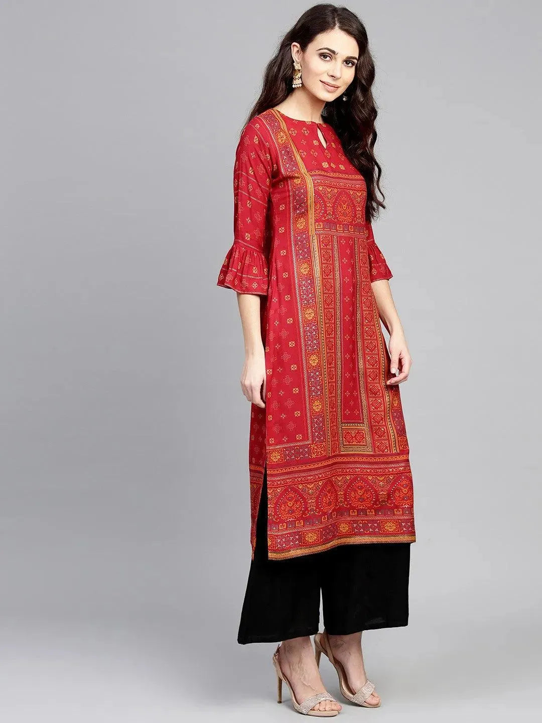 Anouk Red Printed Rayon Kurta