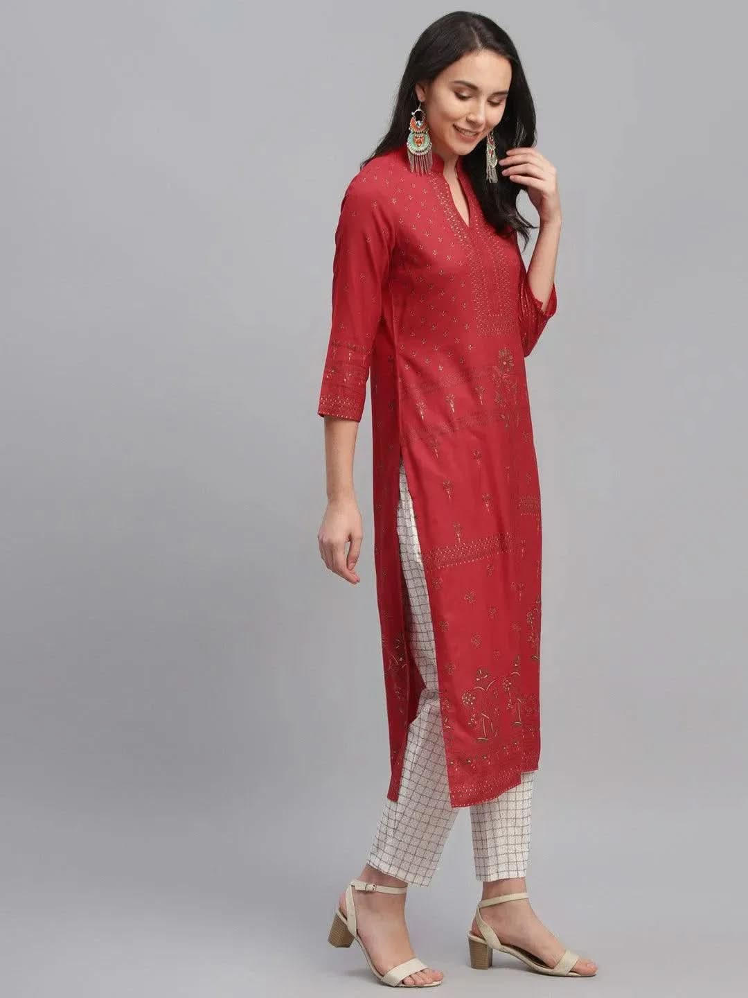 Anouk Red Printed Rayon Kurta
