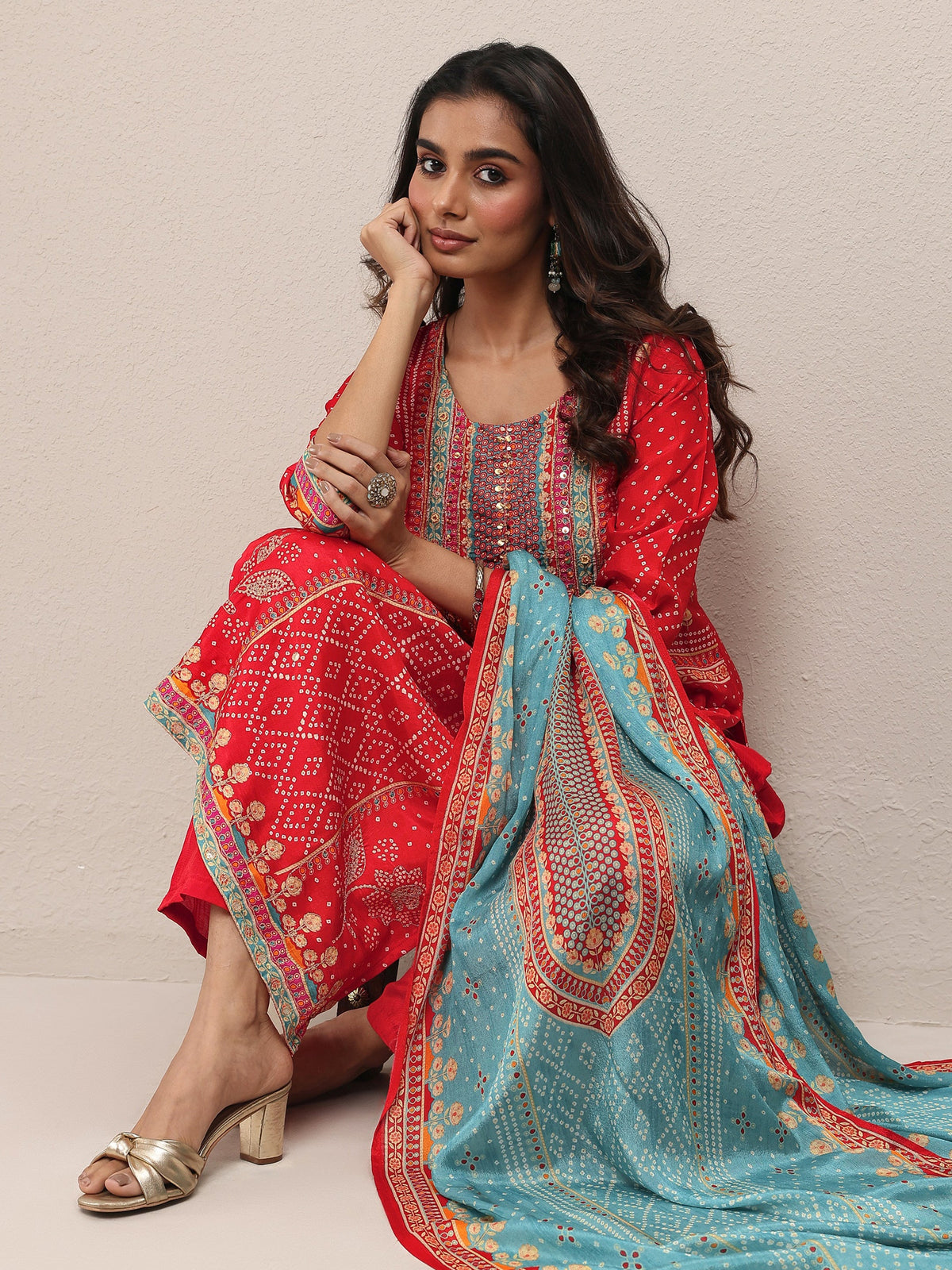 Anouk Red Printed Silk Blend Straight Suit Set With Dupatta