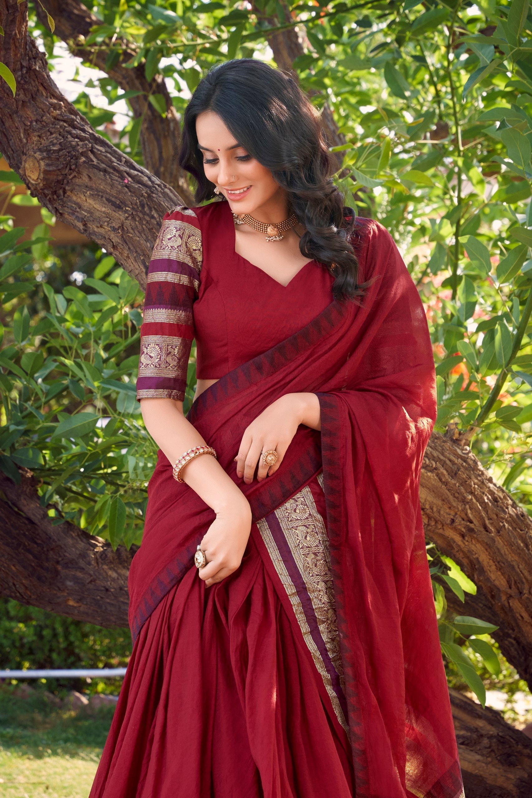 Red Pure Chanderi Elegance Stitched Lehenga Set with Zari Weaving – 3-Piece Ensemble