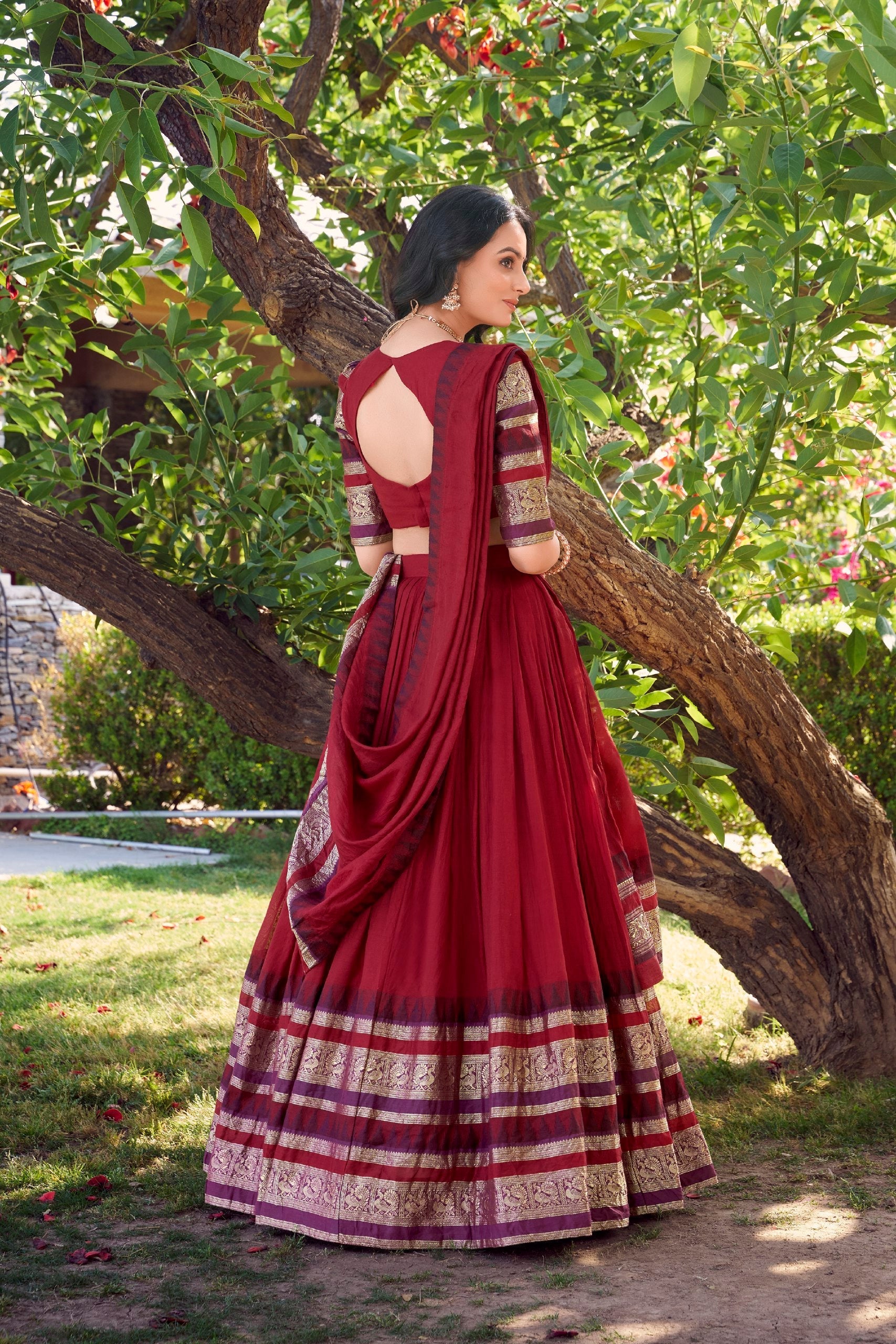 Red Pure Chanderi Elegance Stitched Lehenga Set with Zari Weaving – 3-Piece Ensemble