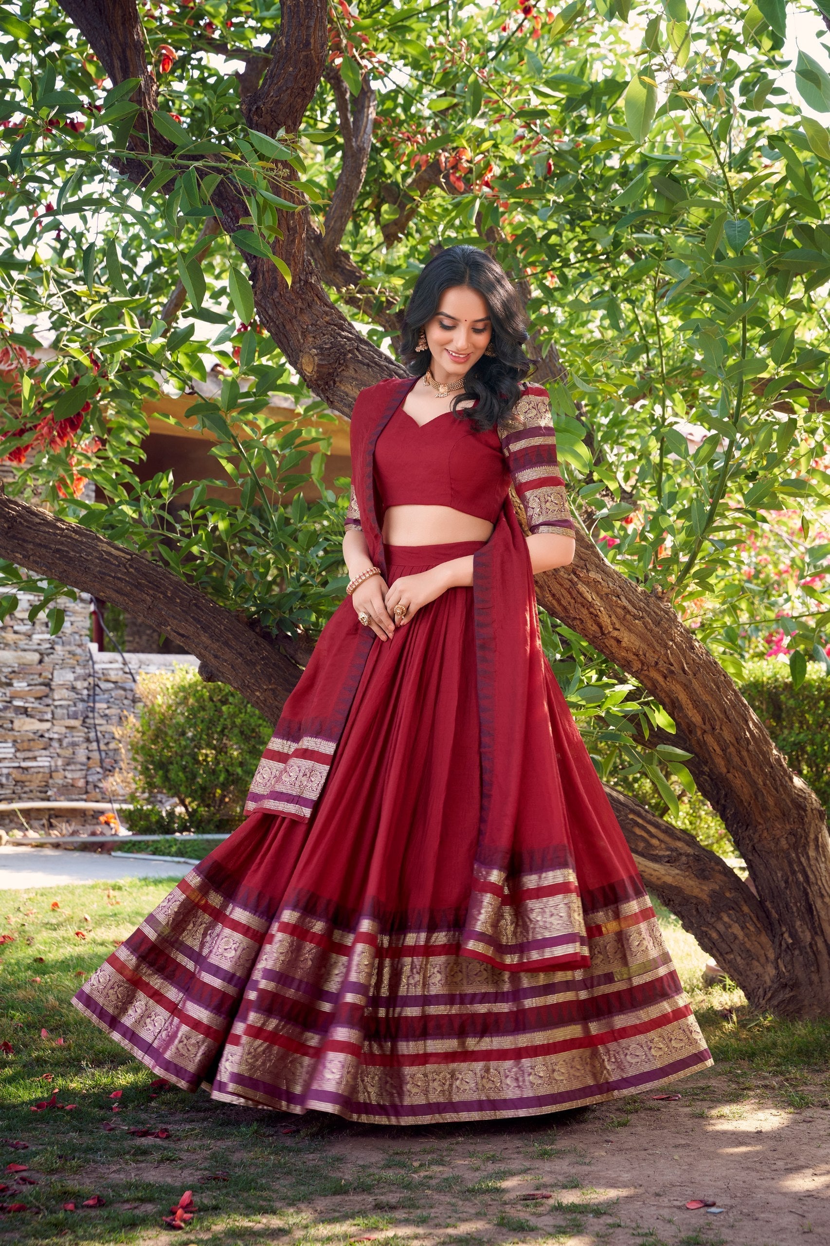 Red Pure Chanderi Elegance Stitched Lehenga Set with Zari Weaving – 3-Piece Ensemble
