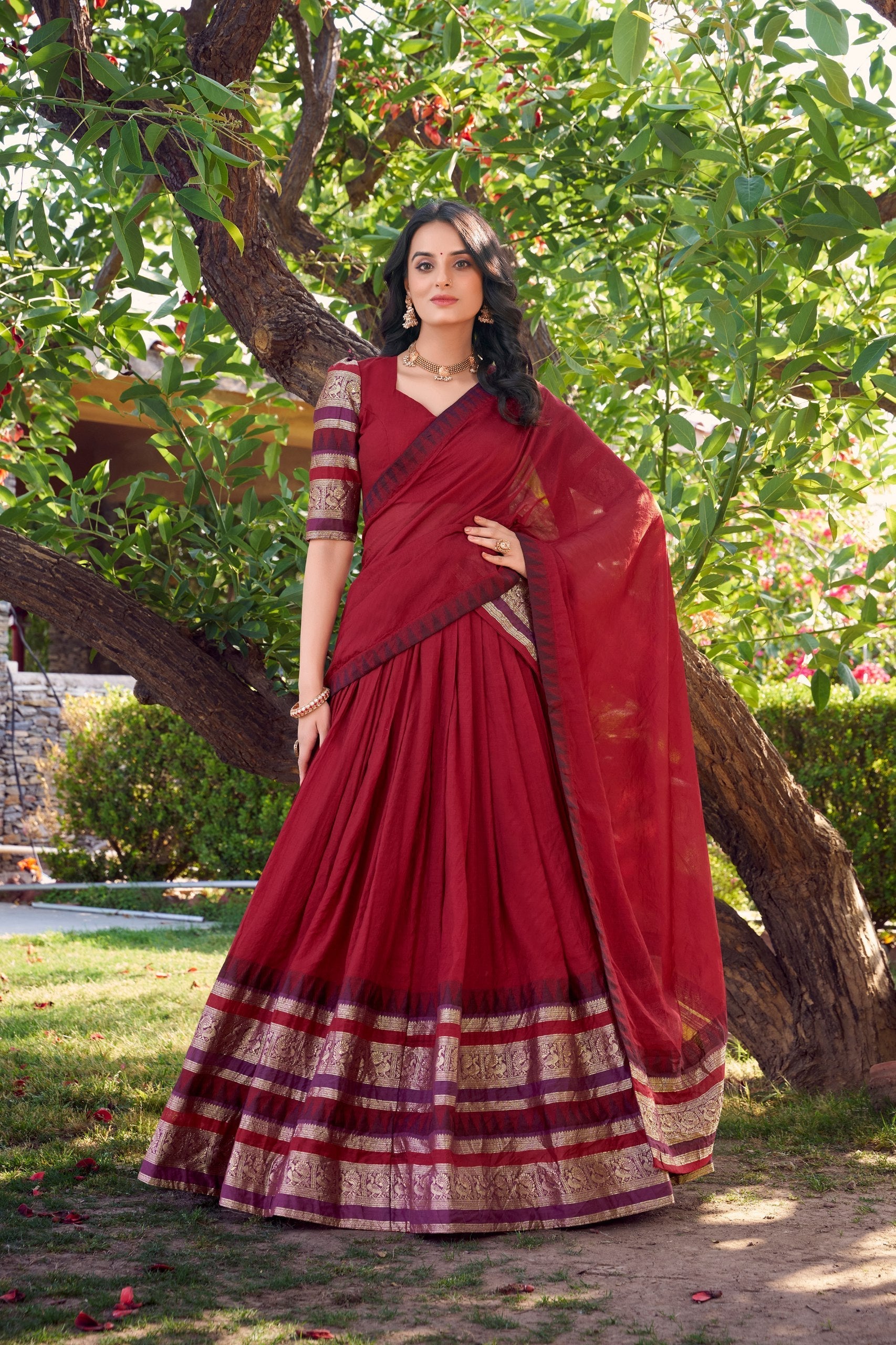 Red Pure Chanderi Elegance Stitched Lehenga Set with Zari Weaving – 3-Piece Ensemble