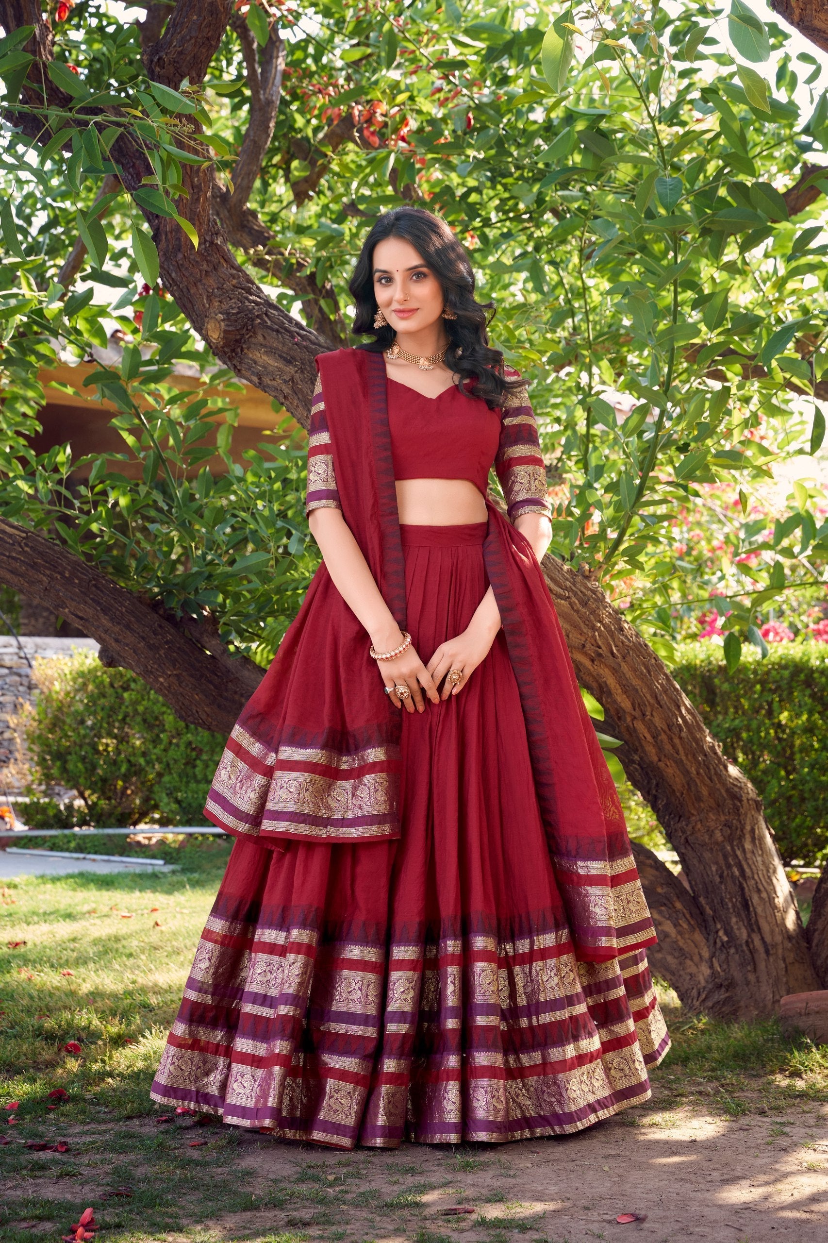Red Pure Chanderi Elegance Stitched Lehenga Set with Zari Weaving – 3-Piece Ensemble