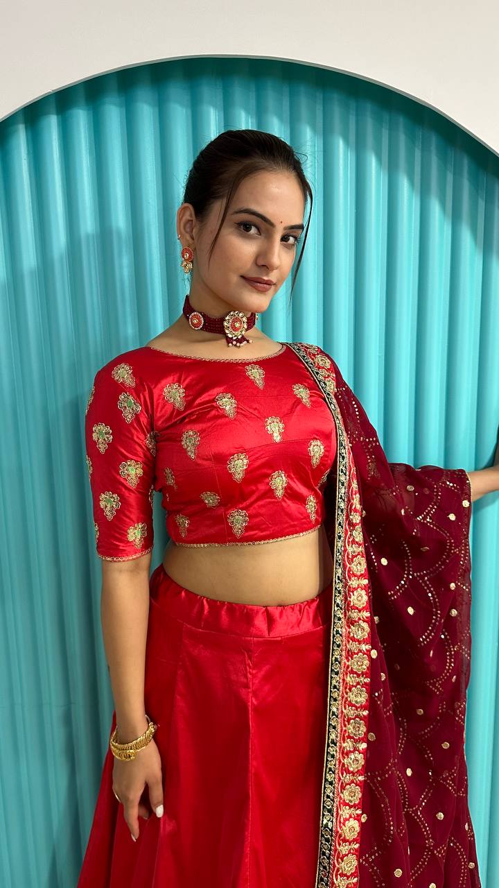 Red Radiant Festive Glam – Satin Georgette Zari & Sequin Lehenga Set