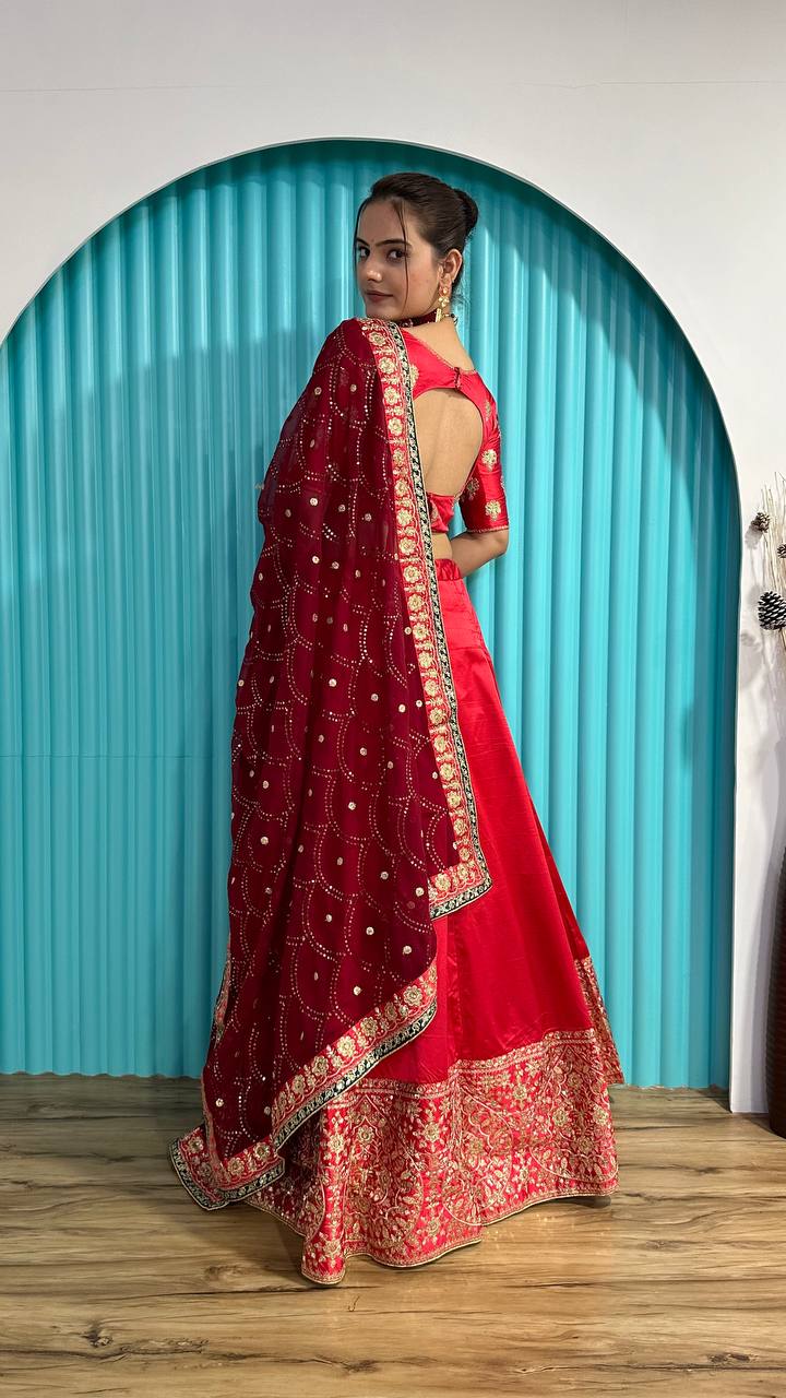 Red Radiant Festive Glam – Satin Georgette Zari & Sequin Lehenga Set