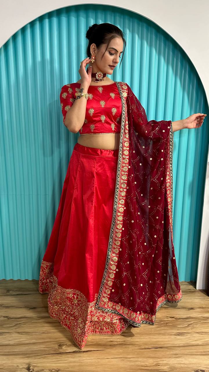 Red Radiant Festive Glam – Satin Georgette Zari & Sequin Lehenga Set