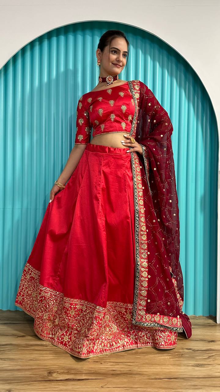 Red Radiant Festive Glam – Satin Georgette Zari & Sequin Lehenga Set