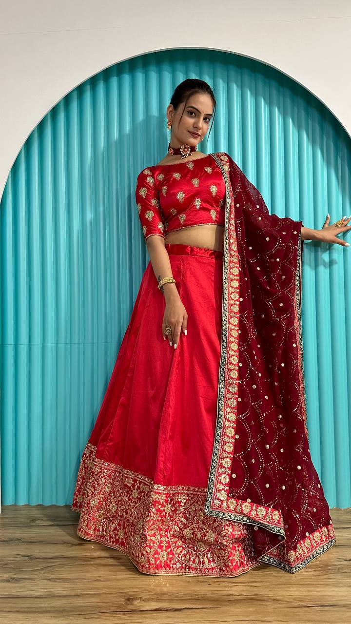 Red Radiant Festive Glam – Satin Georgette Zari & Sequin Lehenga Set