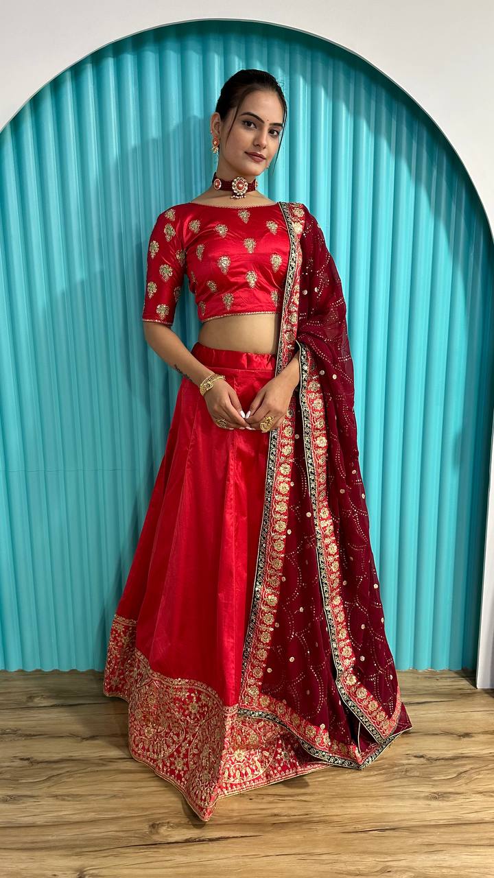 Red Radiant Festive Glam – Satin Georgette Zari & Sequin Lehenga Set